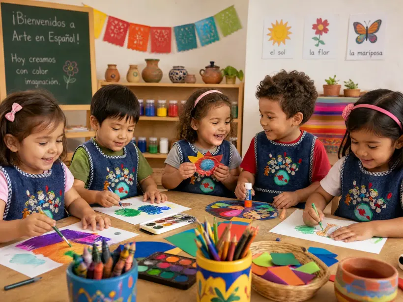 Children cutting and gluing coloured paper around a craft table